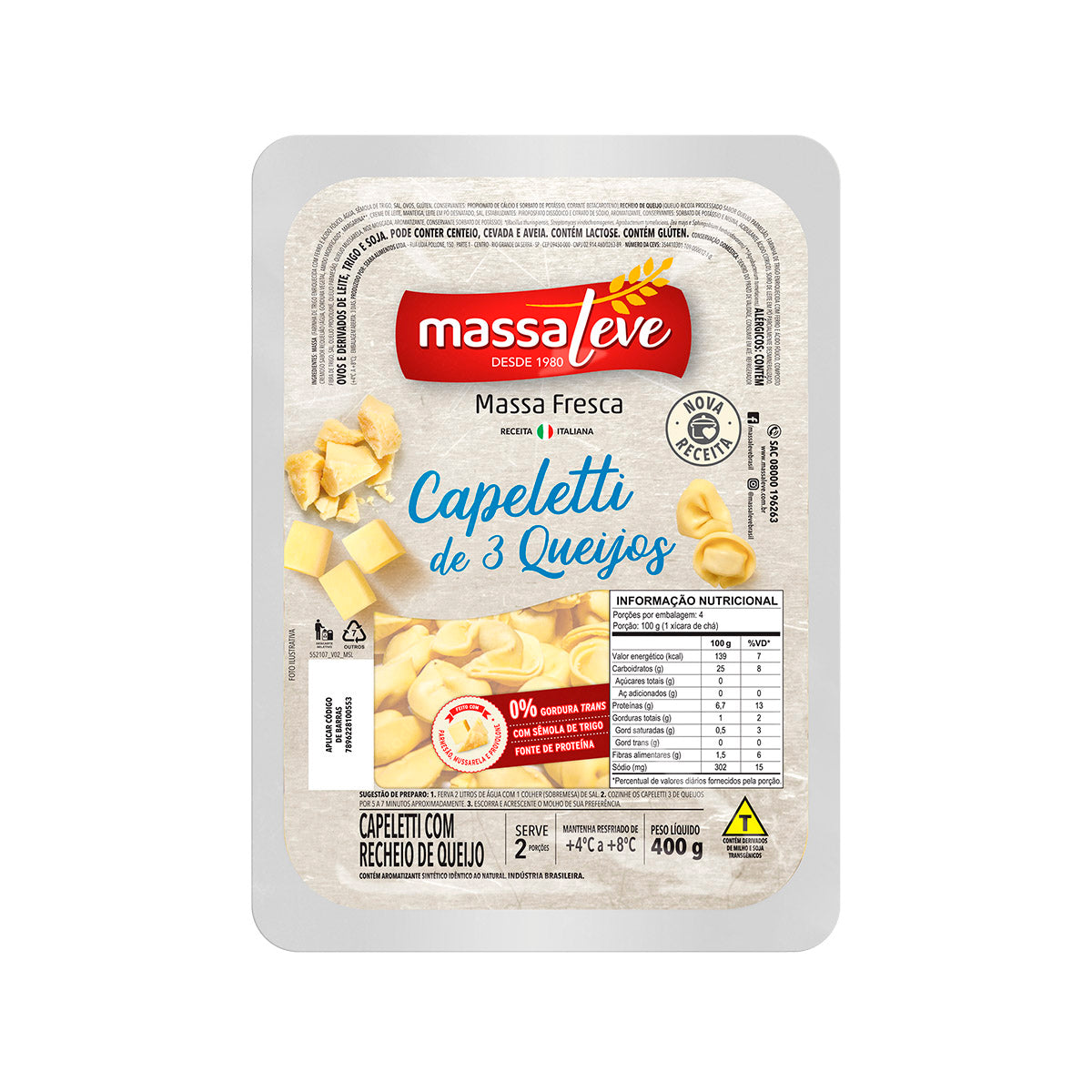 MASSA LEVE CAPELETTI 3 QUEIJOS 500GR